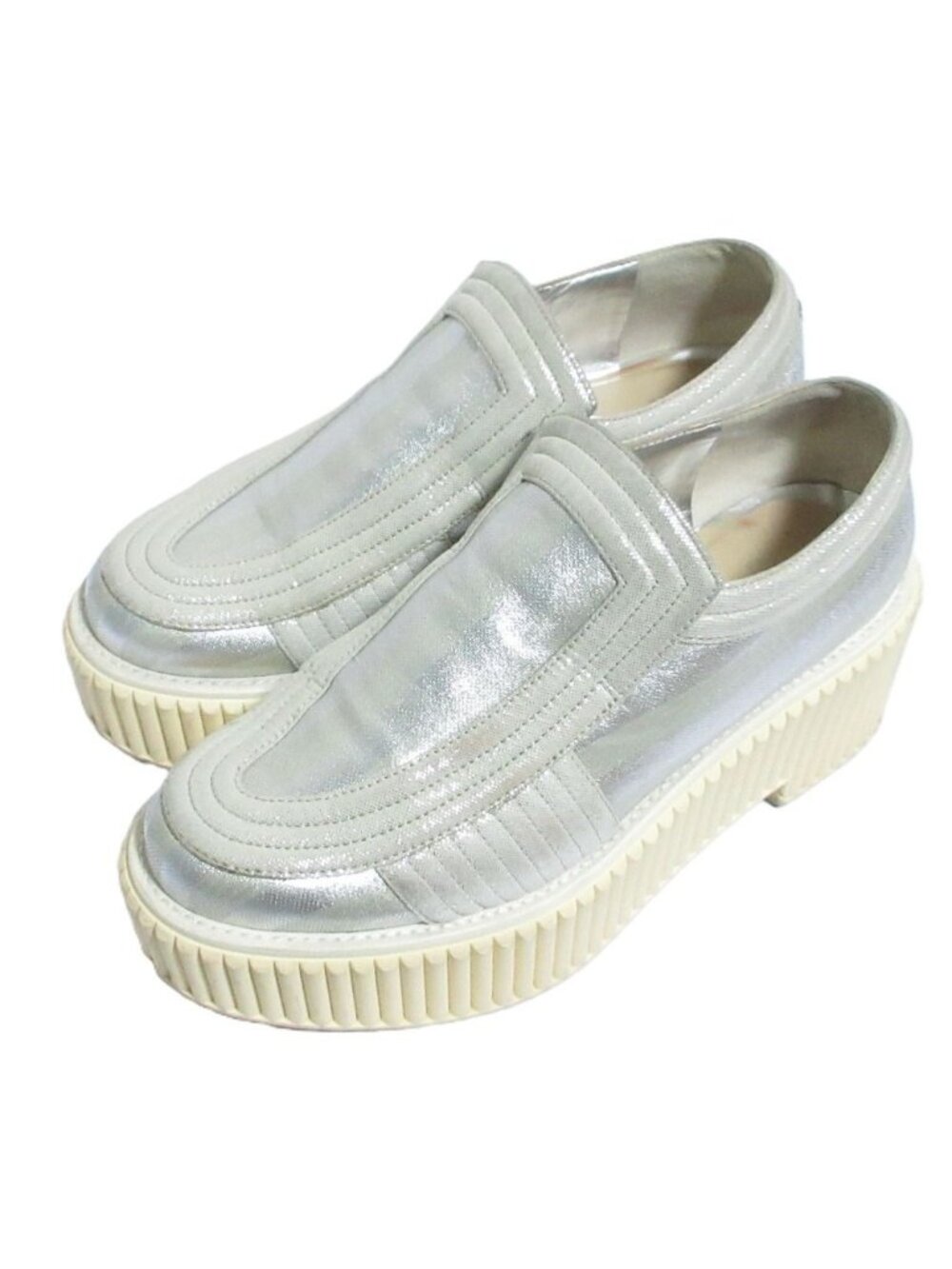Chanel CC Logo Glitter Striped Platform Slip-on Sneakers Silver Colored